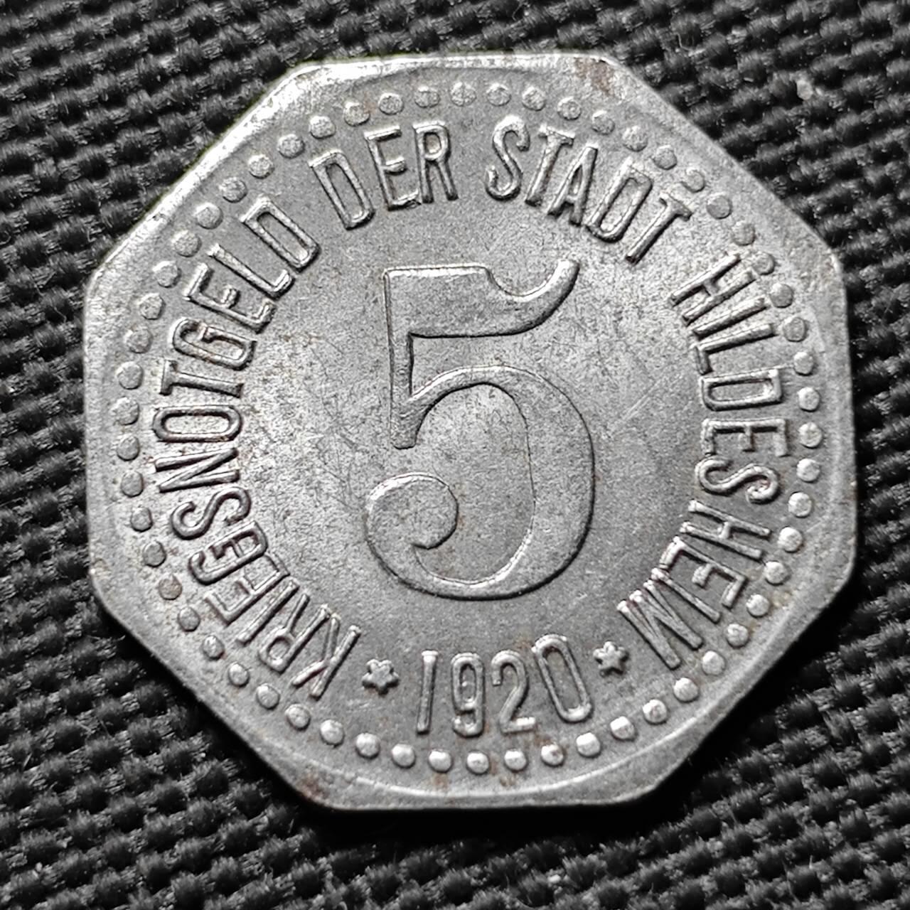KK钱币收藏小铺  第397期 百期特怕（四拍之一） 2月预留时间 周末发货 1920 德紧希尔德斯海姆市 5芬尼铁币 