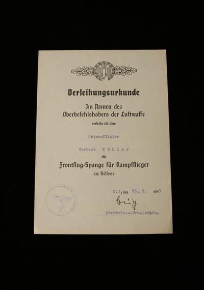 欢庆春节！戎马世界章牌大赏第112期春节大拍  德专场 - 空军航炮手 赫伯特·克勒  银级轰炸机出击勋饰证书 