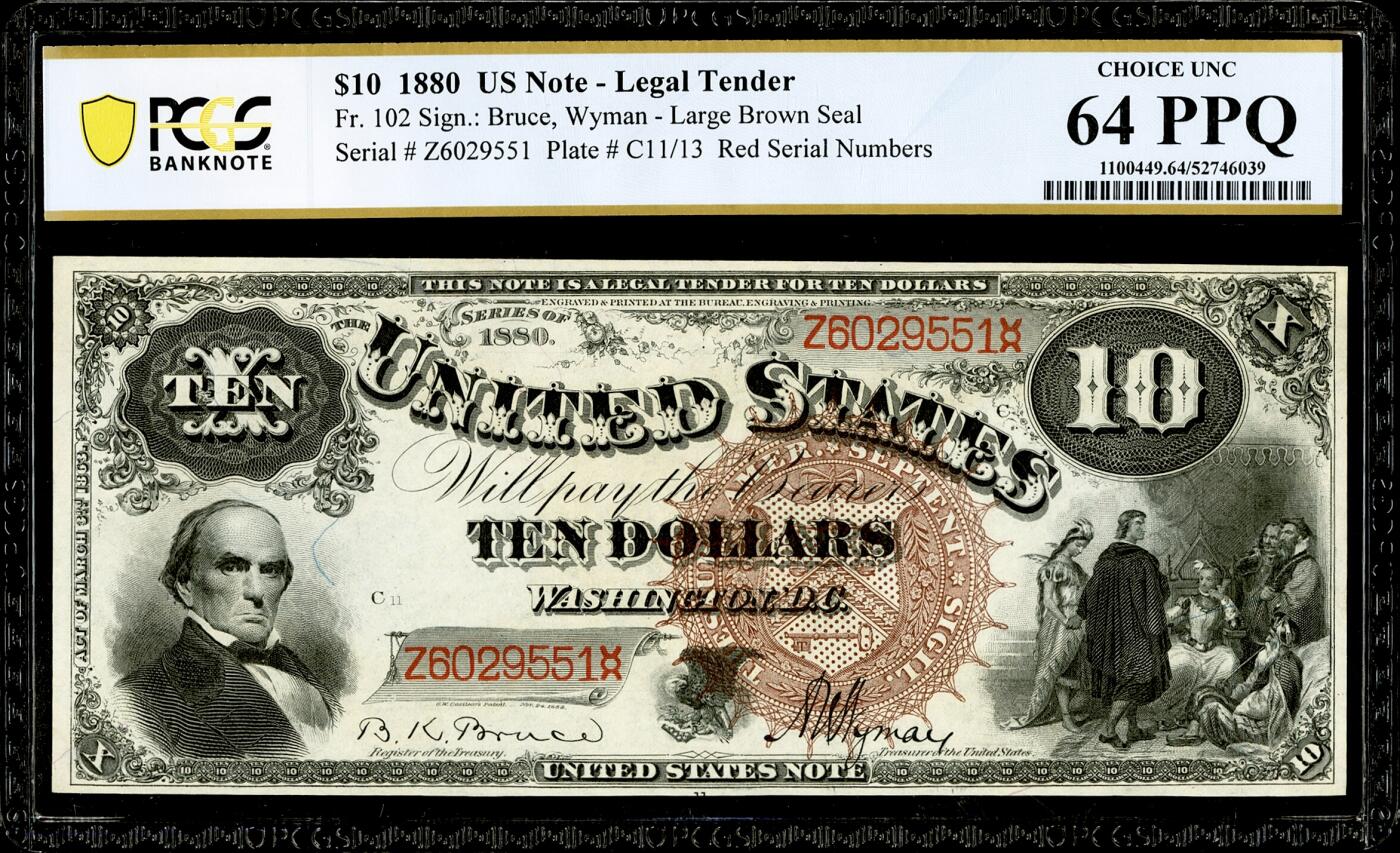 【Blue Auction】世界纸币精拍第786期——18级TOP拍卖/信誉/品质/专业/高效💫(年前收官场） 【公驴券 大棕库印非常霸气 Z冠无47】美国1880年10美金 三任国务卿、最伟大的参议员之一的丹尼尔·韦伯斯特 主图描绘迪士尼动画电影《风中奇缘》中印第安公主宝嘉康蒂的原型——波卡·洪塔斯被呈献给英格兰皇室 PCGS64EPQ  目录价约为常见小库印1.5倍 （雕刻者Alfred Sealey同时是教育券背面华盛顿肖像的雕刻师，因底部小鹰倒置时像驴头得名Jackass note）