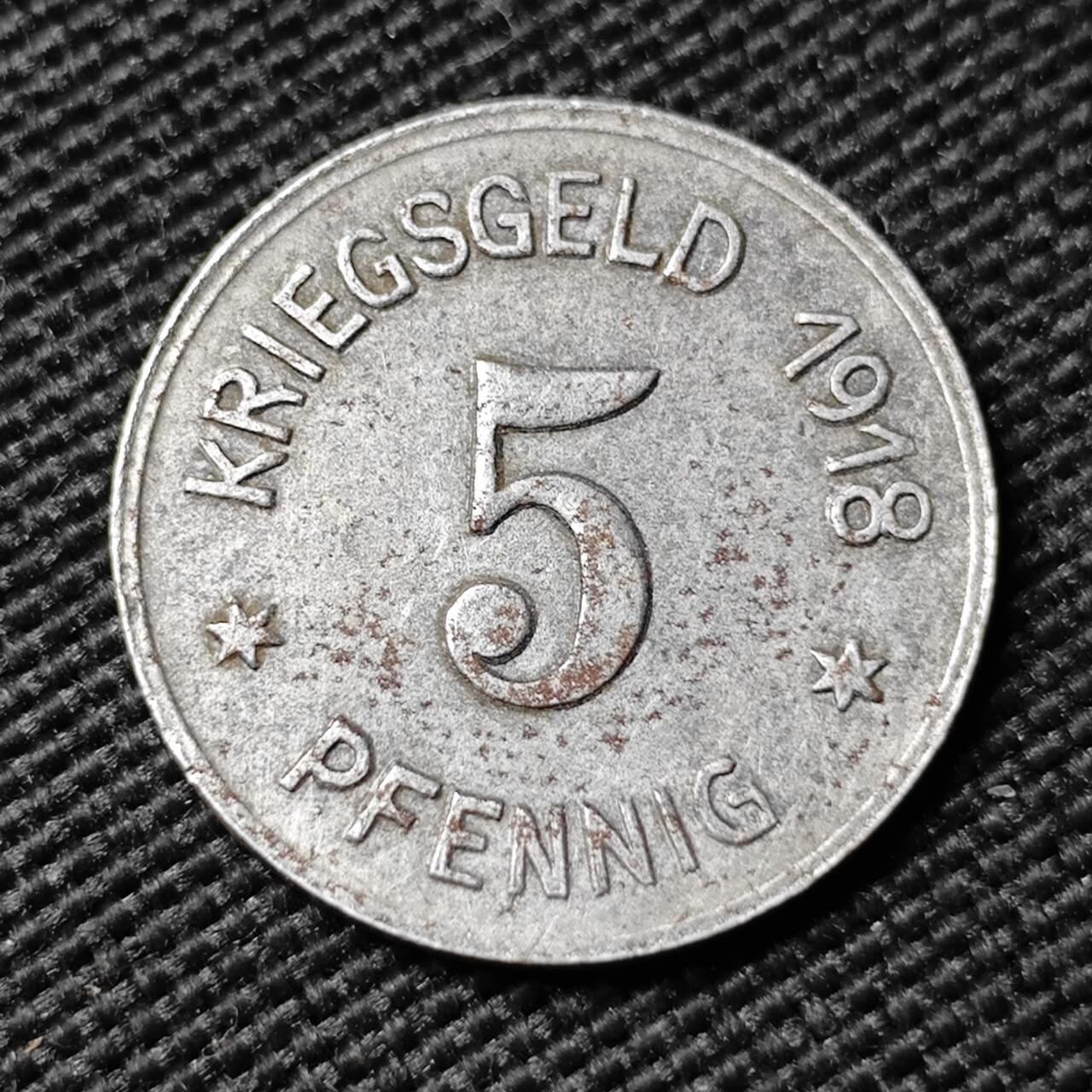 KK钱币收藏小铺  第397期 百期特怕（四拍之一） 2月预留时间 周末发货 1918 德紧席根市 5芬尼铁币