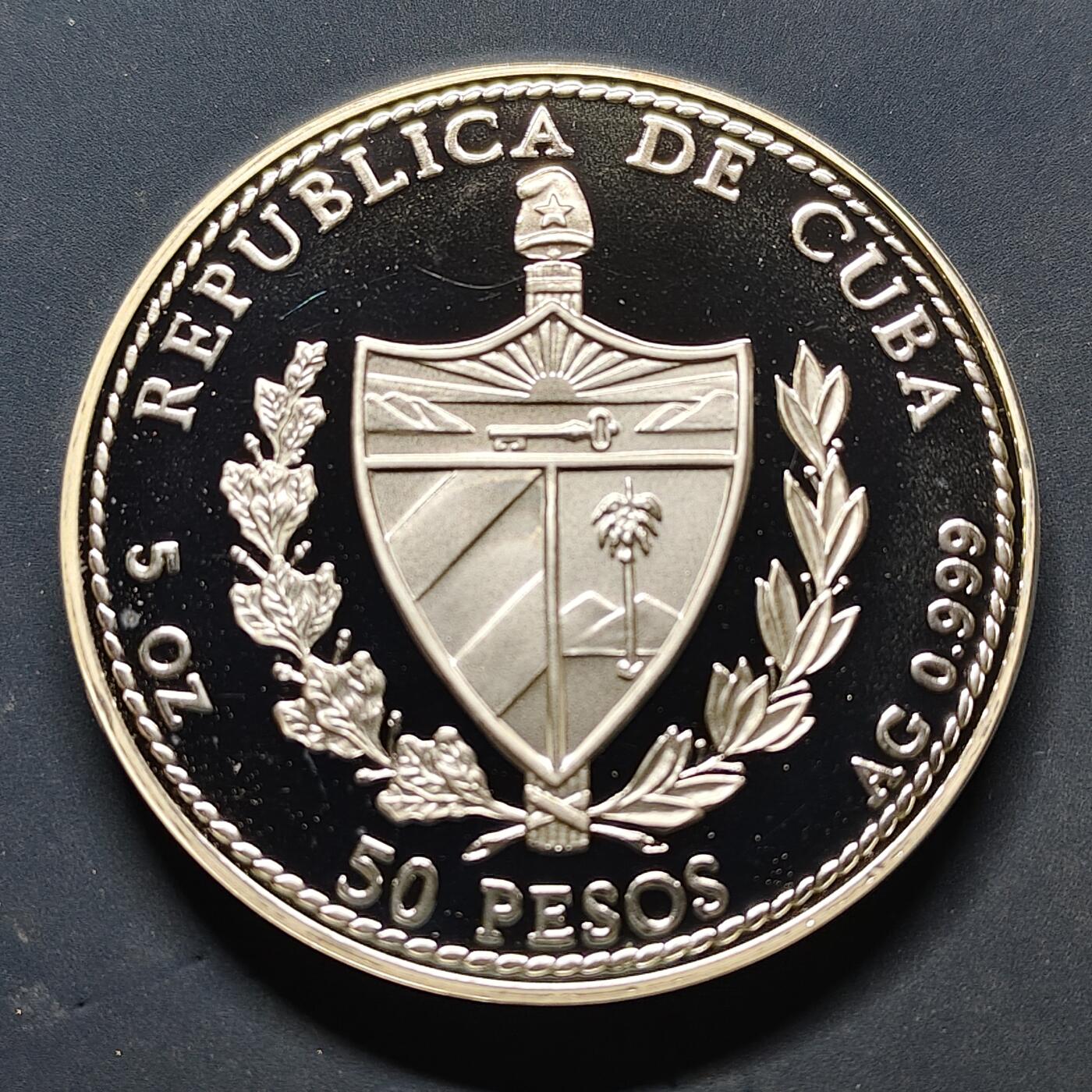 【全场包邮】纯粹捡漏拍503场 【5盎司·稀少】古巴1994年50比索加勒比动物系列黄石斑彩色精制5盎司纪念银币【65毫米155.52克99.9%】-量2500