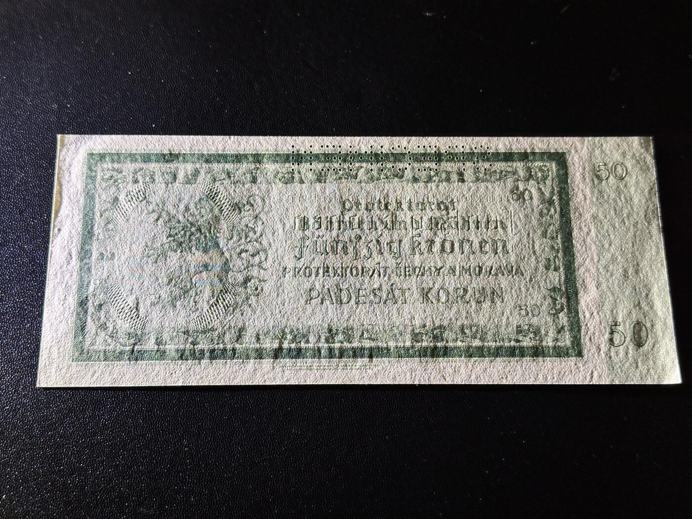 《外钞收藏家》第六百一十期（新年假期场/年后快递恢复正常再发货）（长期征集拍品、欢迎藏友们联系合作） 1940年捷克斯洛伐克 波西米亚摩尔维亚50克朗 样钞 UNC-