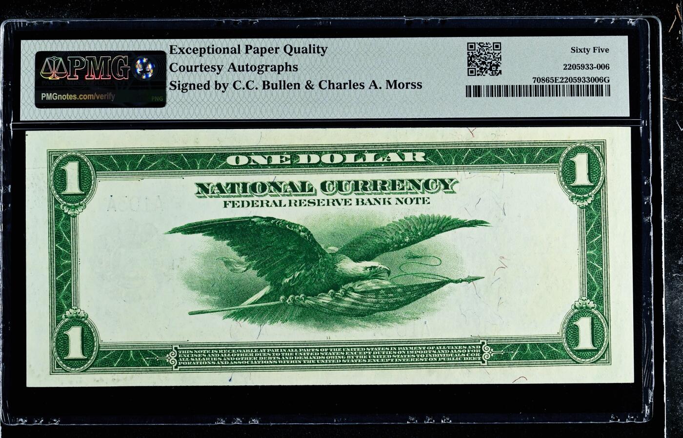 【Blue Auction】世界纸币精拍第786期——18级TOP拍卖/信誉/品质/专业/高效💫(年前收官场） 【A103A 小号与双重亲签组合罕见】美国1918年1美金 华盛顿 擎旗大飞鹰 雕刻惟妙惟肖 PMG65EPQ Charles A. Morss和C. C. Bullen签名