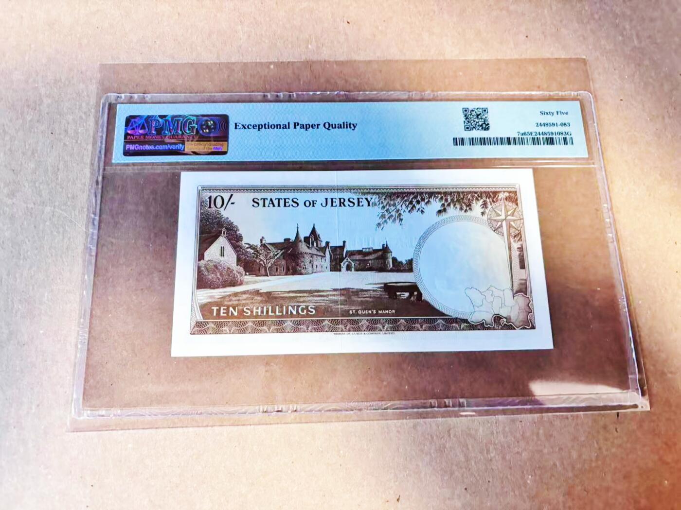 【Blue Auction】世界纸币精拍第786期——18级TOP拍卖/信誉/品质/专业/高效💫(年前收官场） 泽西1963年10先令 戎装女王 背面为该岛最古老、等级最高的庄园St. Ouen's Manor PMG65EPQ