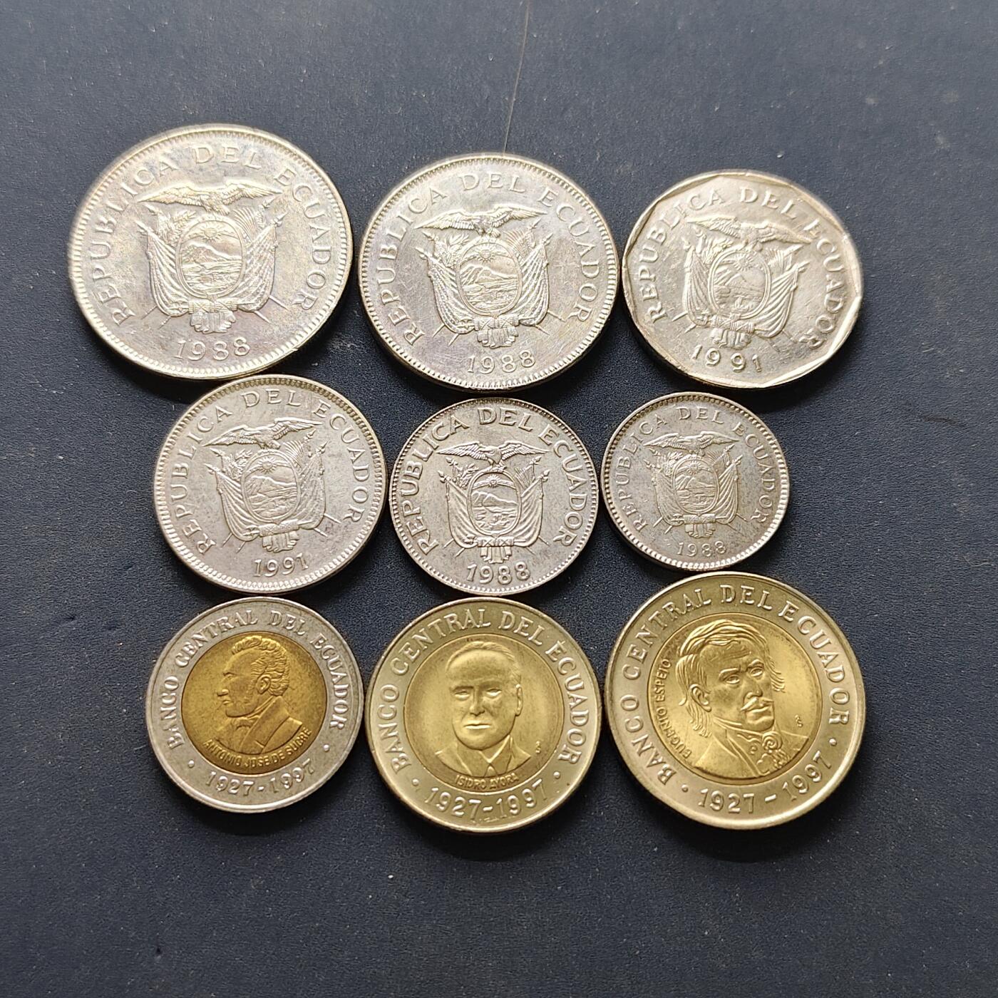 【全场包邮】纯粹捡漏拍502场 厄瓜多尔1988-1997年9枚套币-含央行70周年双色币3枚套币