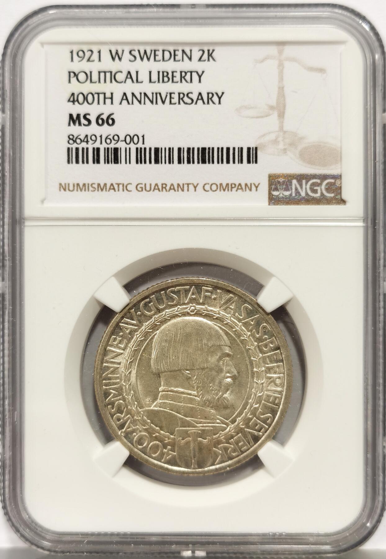 博洋堂蛇年收官专场暨第161期（全场包邮） NGC MS66 瑞典1921年政治自由400年纪念2克朗银币，丝绸般转光，一步到位的好品相。