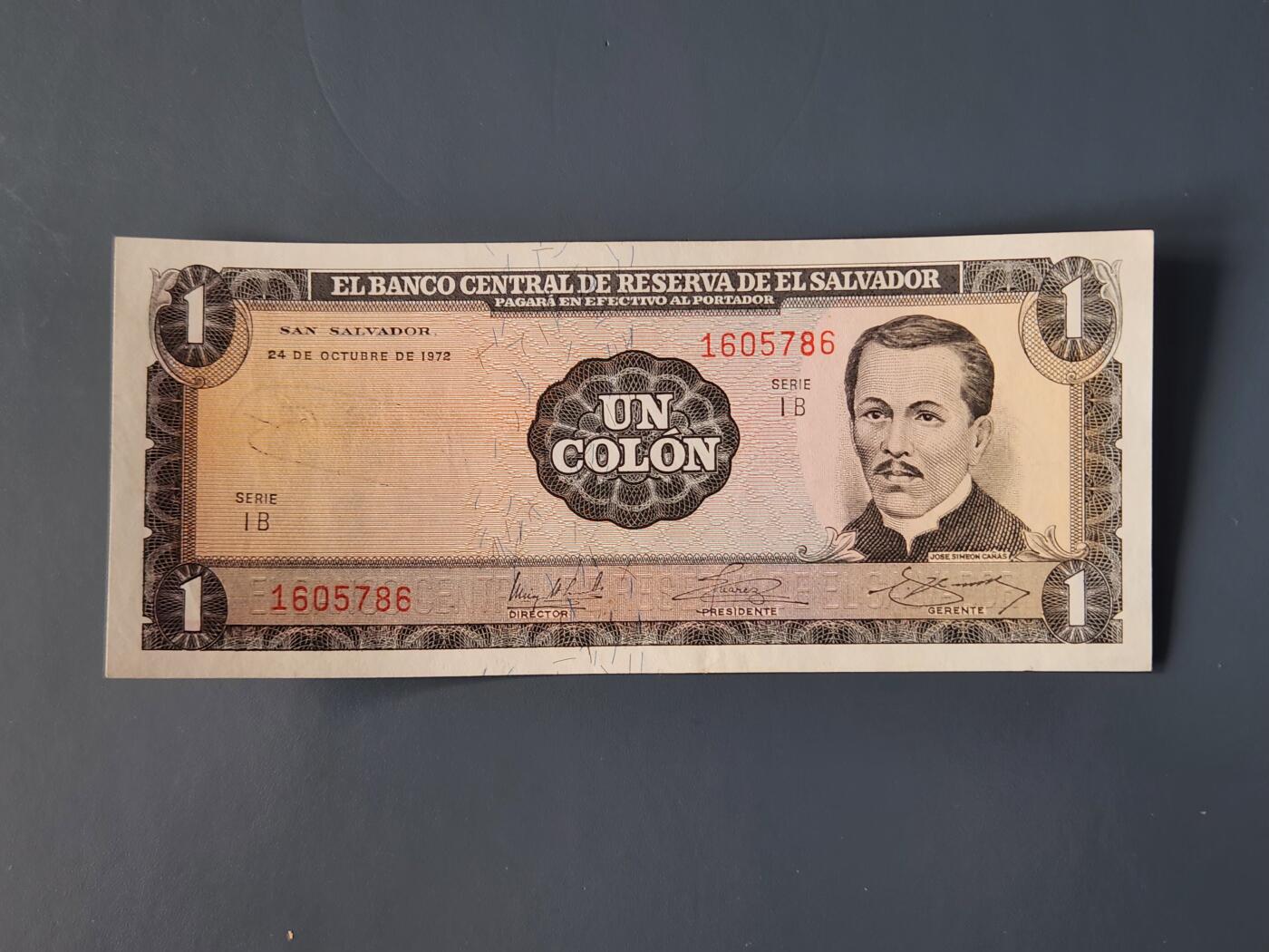 2月11号晚上8点 外国纸币自动截拍第24场 萨尔瓦多1972年1科朗纸币 全新UNC 尾号786