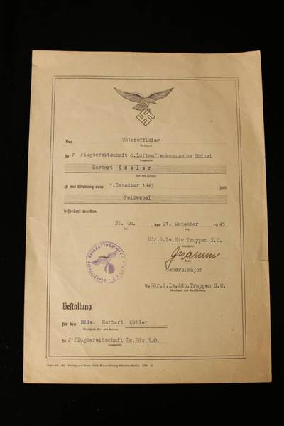 欢庆春节！戎马世界章牌大赏第112期春节大拍  德专场 - 空军航炮手 赫伯特·克勒 从下士晋升为中士（Feldwebel）的晋升证书