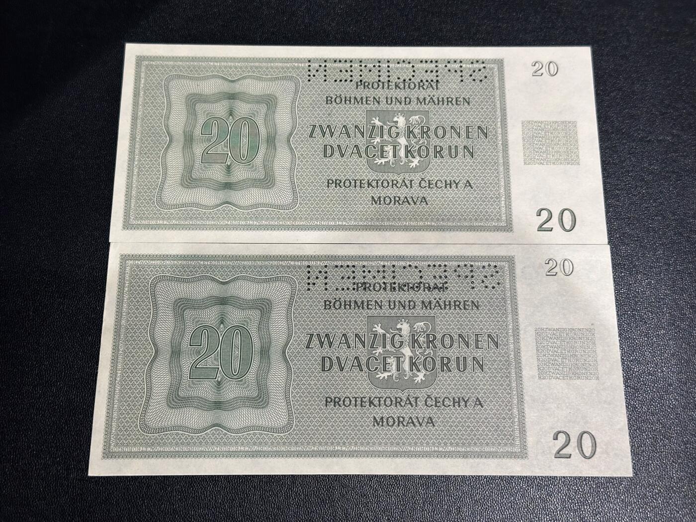 《外钞收藏家》第六百一十期（新年假期场/年后快递恢复正常再发货）（长期征集拍品、欢迎藏友们联系合作） 1944年波西米亚20克朗 样钞2张一起  UNC-