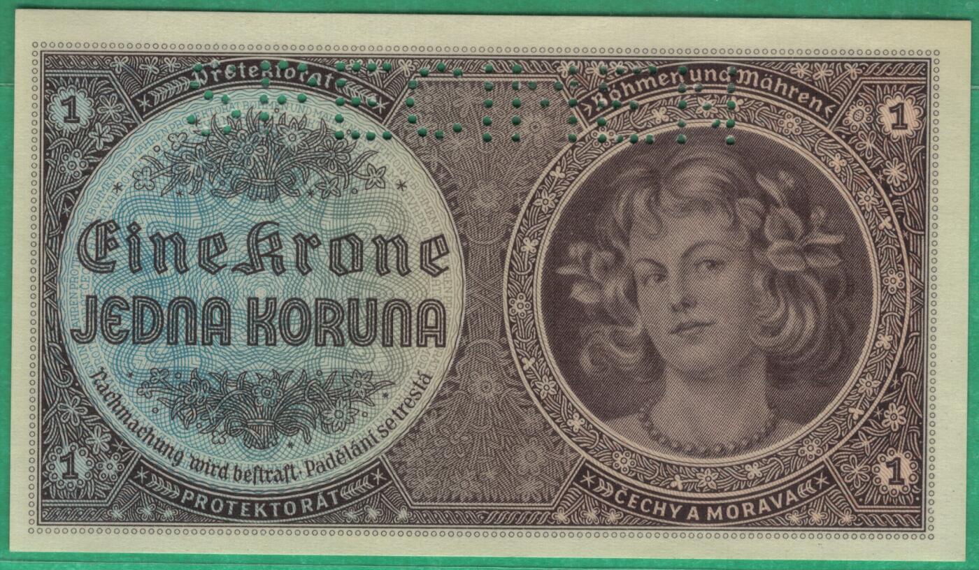 波西米亚(波希米亚)摩拉维亚1940年1克朗 样钞(样票 票样) P-3s 实物图 UNC 