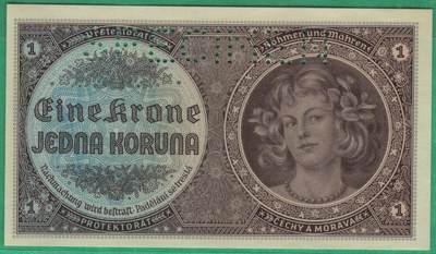 波西米亚(波希米亚)摩拉维亚1940年1克朗 样钞(样票 票样) P-3s 实物图 UNC  - 波西米亚(波希米亚)摩拉维亚1940年1克朗 样钞(样票 票样) P-3s 实物图 UNC 