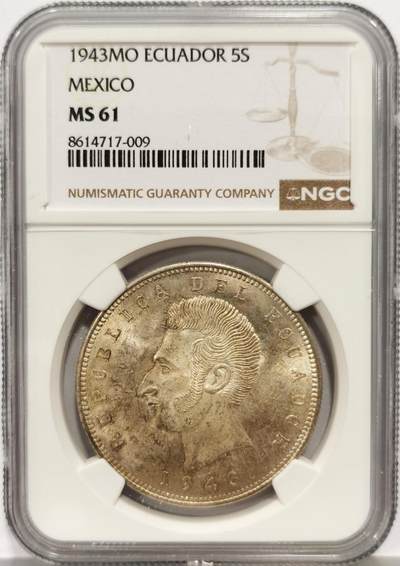 博洋堂蛇年收官专场暨第161期（全场包邮） - NGC MS61 厄瓜多尔 1943年5苏克雷大银币，双面五彩，转光好品。