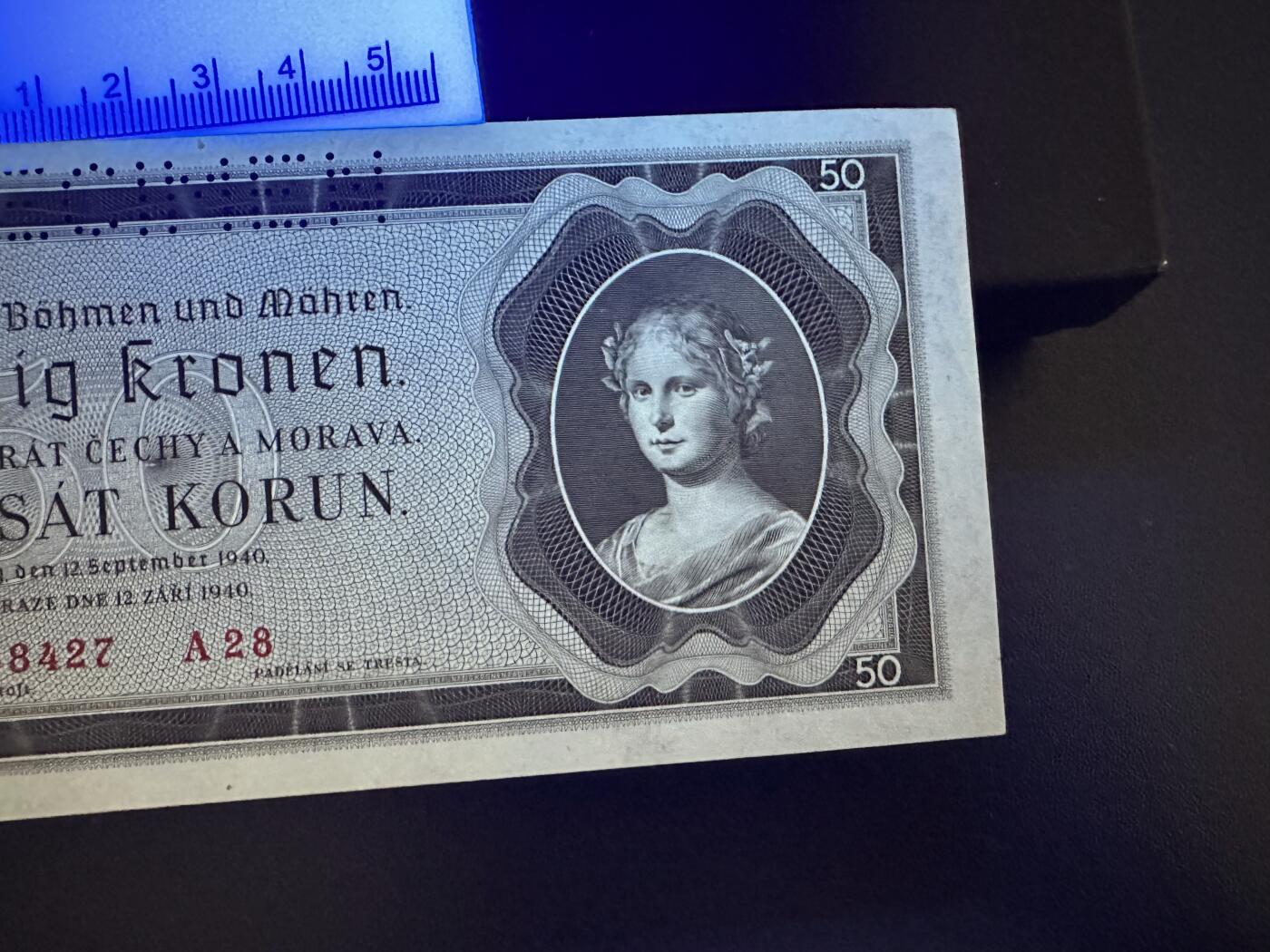 《外钞收藏家》第六百一十期（新年假期场/年后快递恢复正常再发货）（长期征集拍品、欢迎藏友们联系合作） 1940年捷克斯洛伐克 波西米亚摩尔维亚50克朗 样钞 UNC-