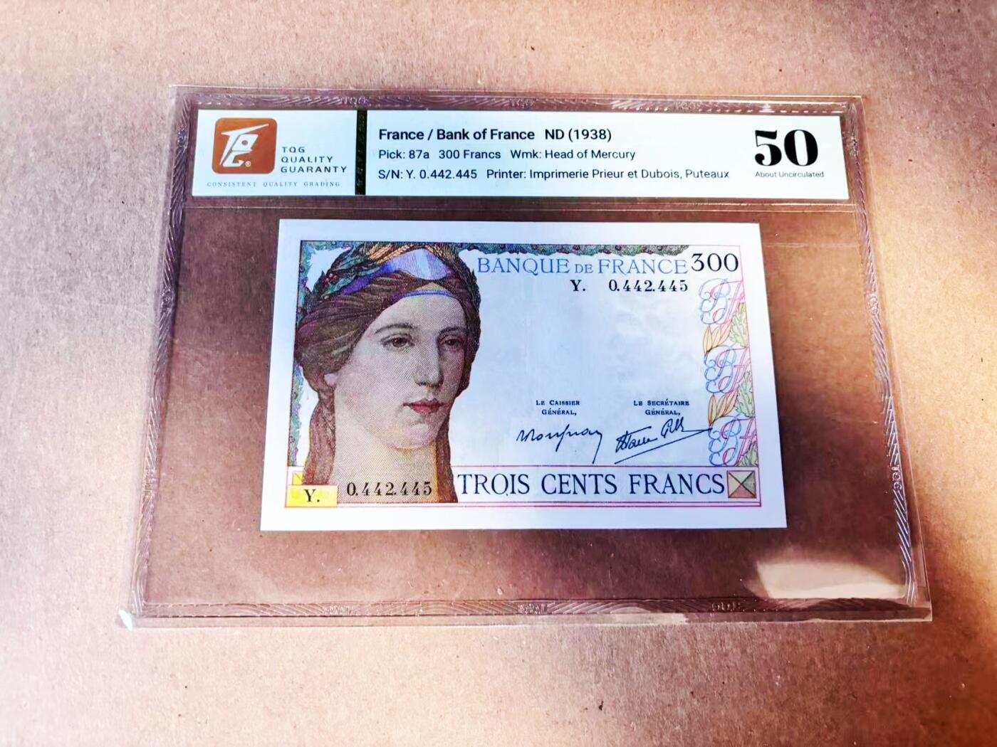 【Blue Auction】世界纸币精拍第786期——18级TOP拍卖/信誉/品质/专业/高效💫(年前收官场） 法国1938年300法郎 墨丘利 克瑞斯女神 TGQ50