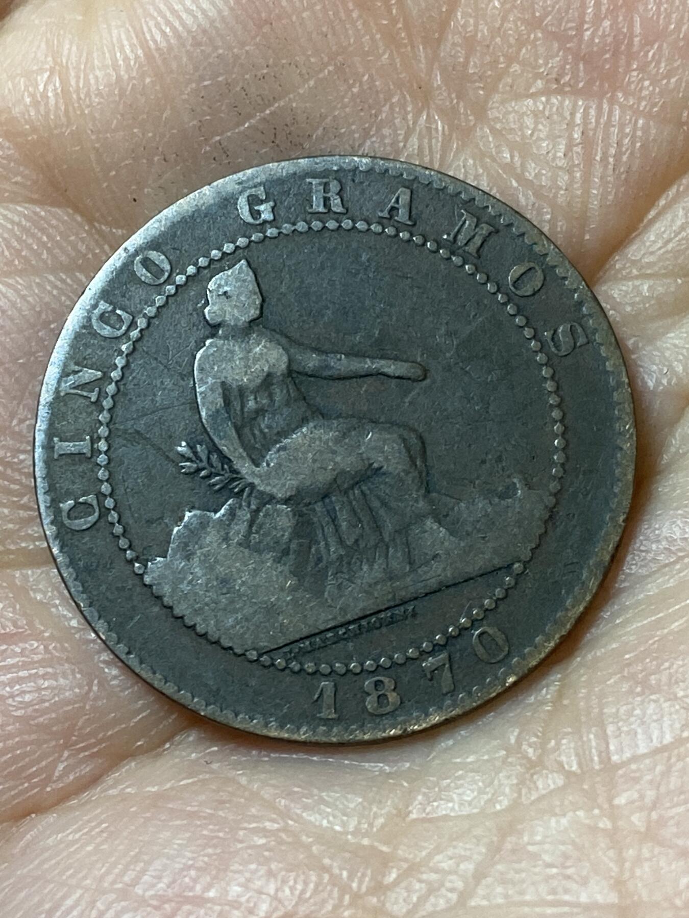 2026年第二十三场(总第一百九十二场）外国好品散币场(年后发货) 西班牙1870单年份5分(临时政府时期，八角星标，巴塞罗那造)