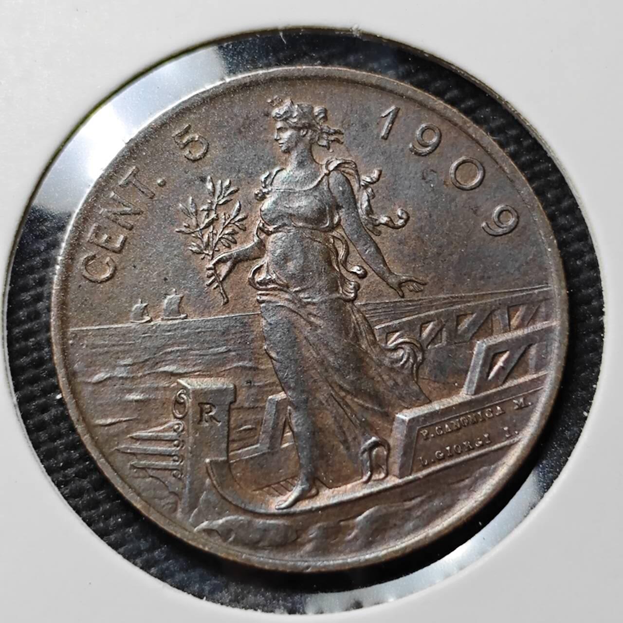 KK钱币收藏小铺  第397期 百期特怕（四拍之一） 2月预留时间 周末发货  1909意大利5分 拿花铜币 深打状态 细节好