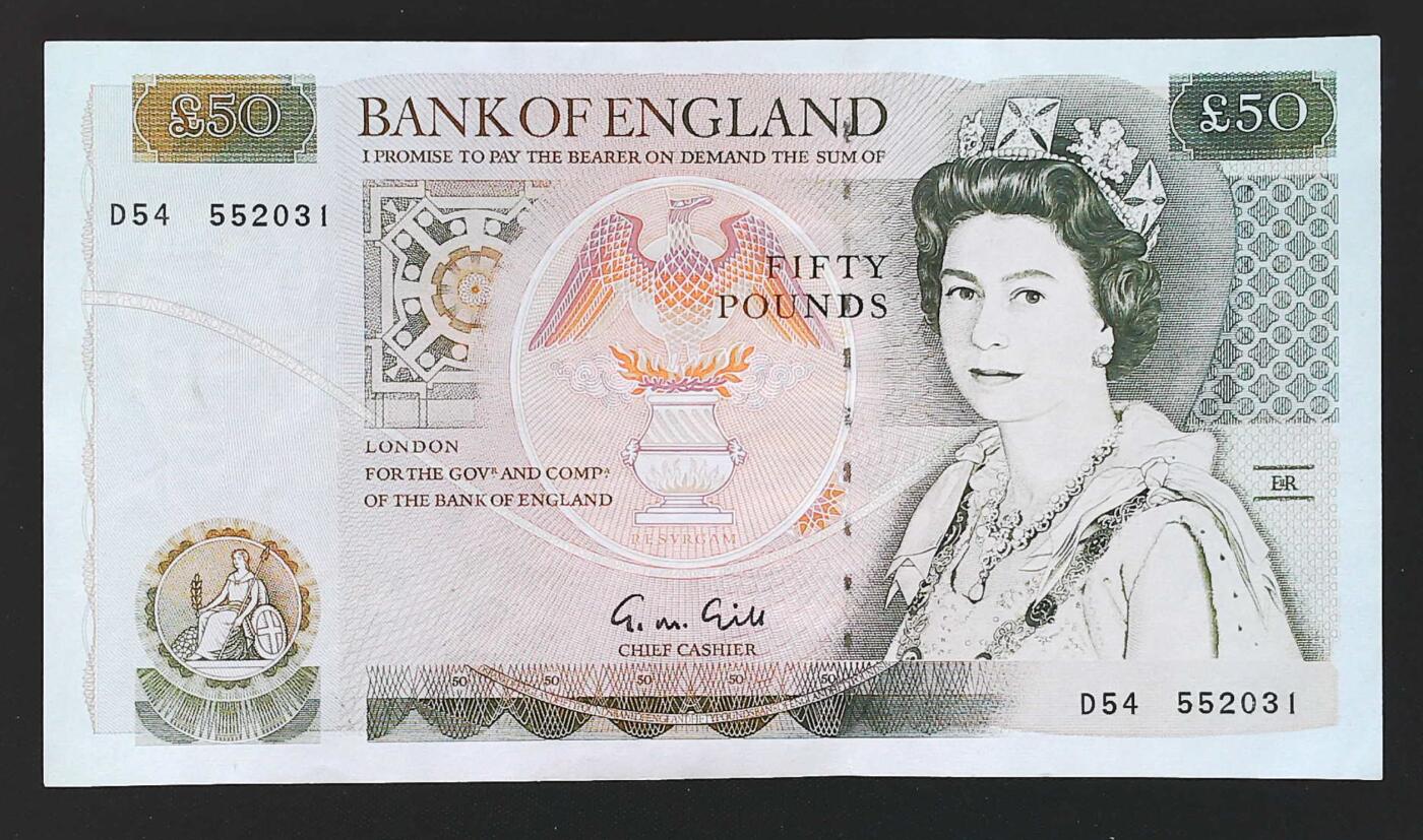 世界靓号纸钞第八十二期 1981年英国英格兰银行50镑 D序列英镑 品相如图