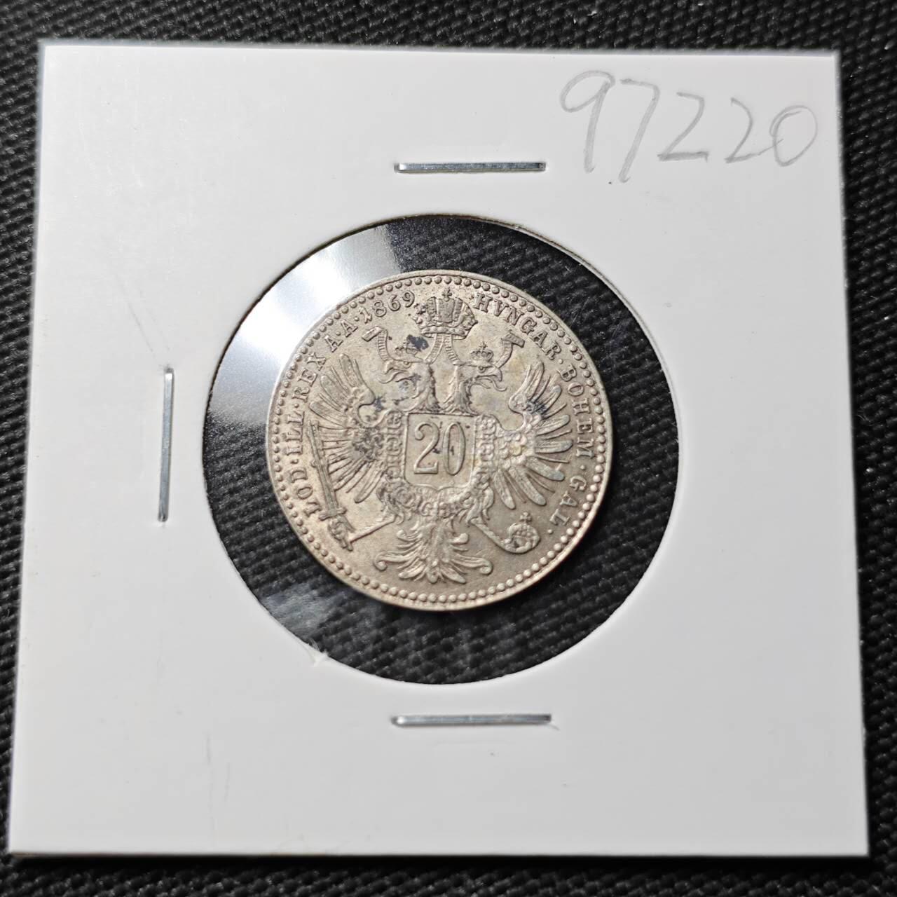 KK钱币收藏小铺  第397期 百期特怕（四拍之一） 2月预留时间 周末发货  奥匈帝国1869年20克鲁泽银币 深打状态 细节不错