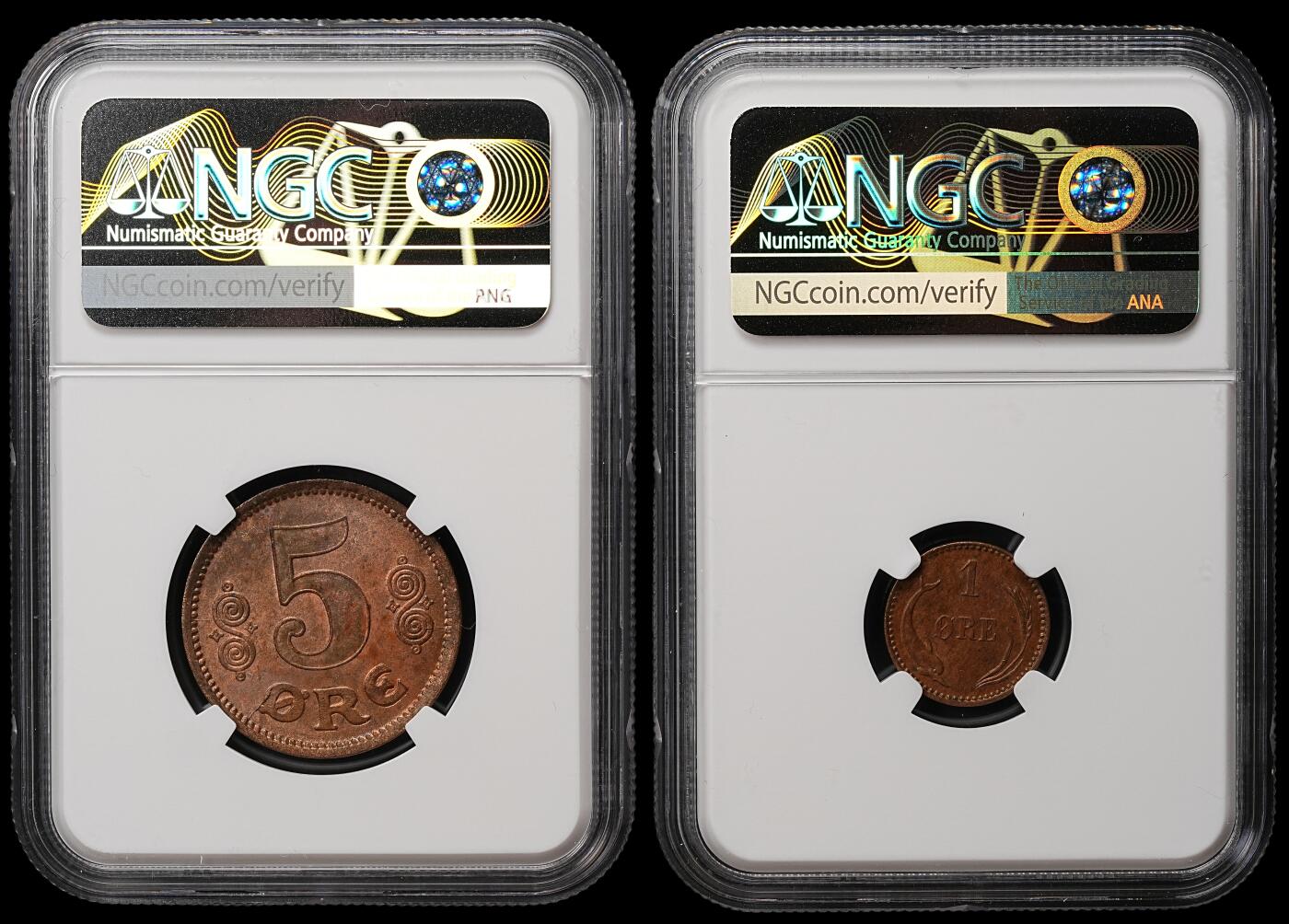 修遠堂世界钱币第105期，马年首拍 NGC评级 丹麦铜币2枚