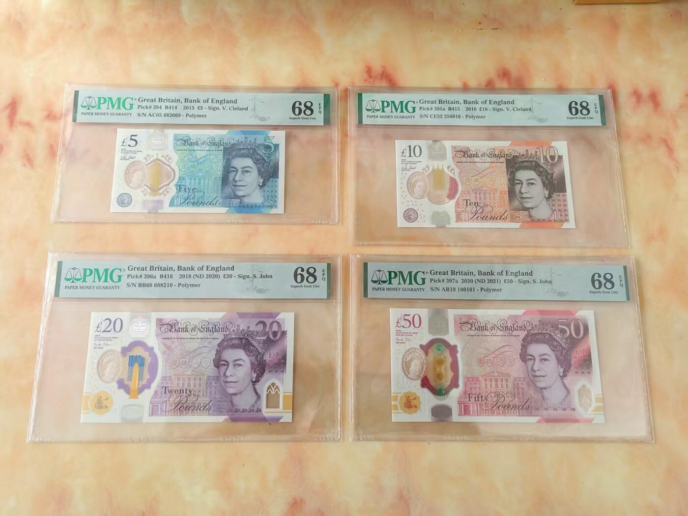 【礼羽收藏】🌏世界钱币拍卖第124期 全新PMG68 英镑 英国女王头像 5元 10元 20元 50元 一整套 均无347 50元为倒置号高分靓号 收藏一步到位