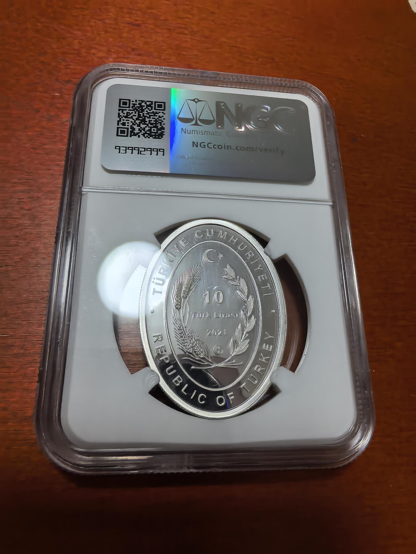 长老汇蛇年精选第一百场拍卖 2021土耳其钟楼系列之二10里拉椭圆形精制银币，NGC PF68UC，唯一冠军，2000枚