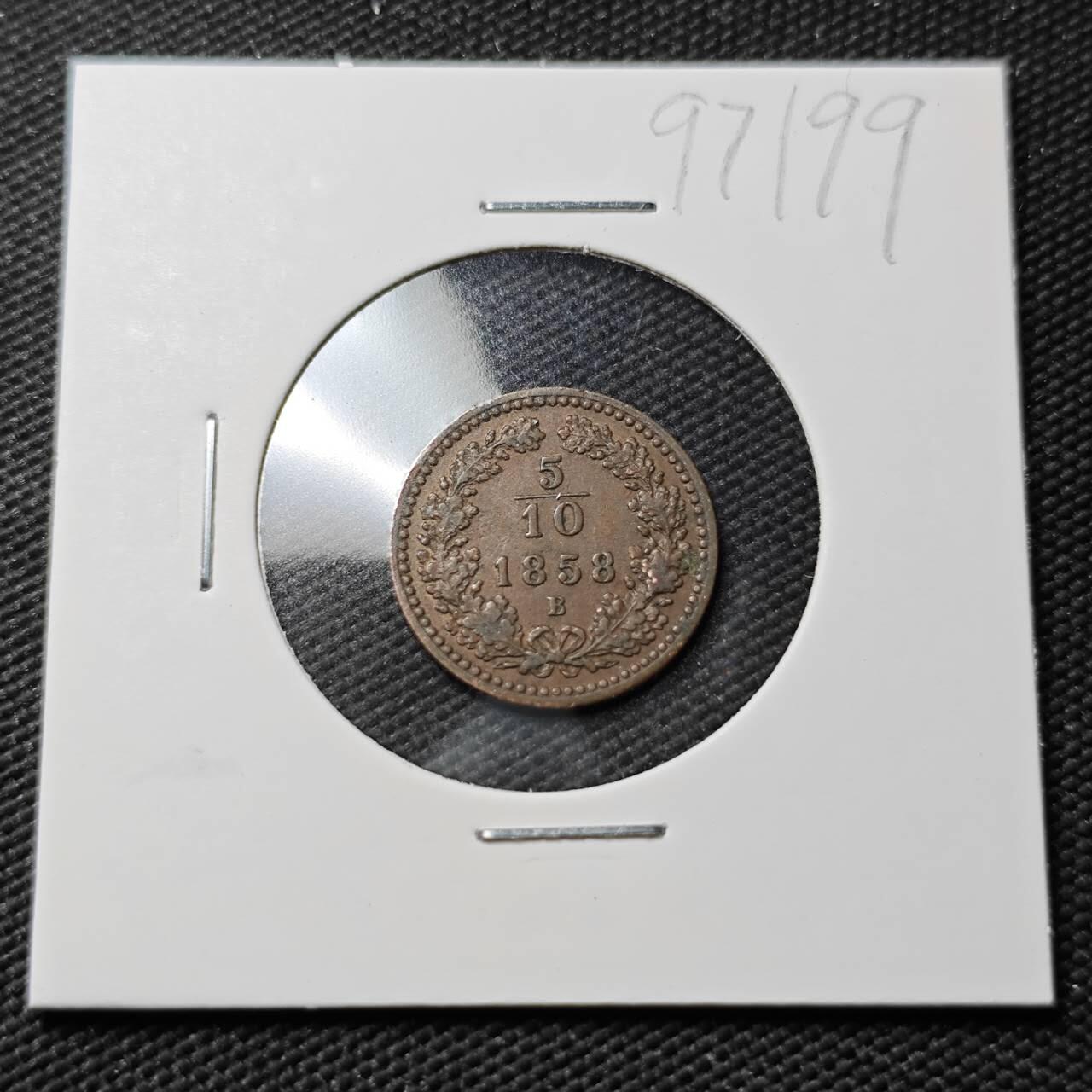 KK钱币收藏小铺  第397期 百期特怕（四拍之一） 2月预留时间 周末发货   奥匈帝国1858年5/10克鲁泽铜币