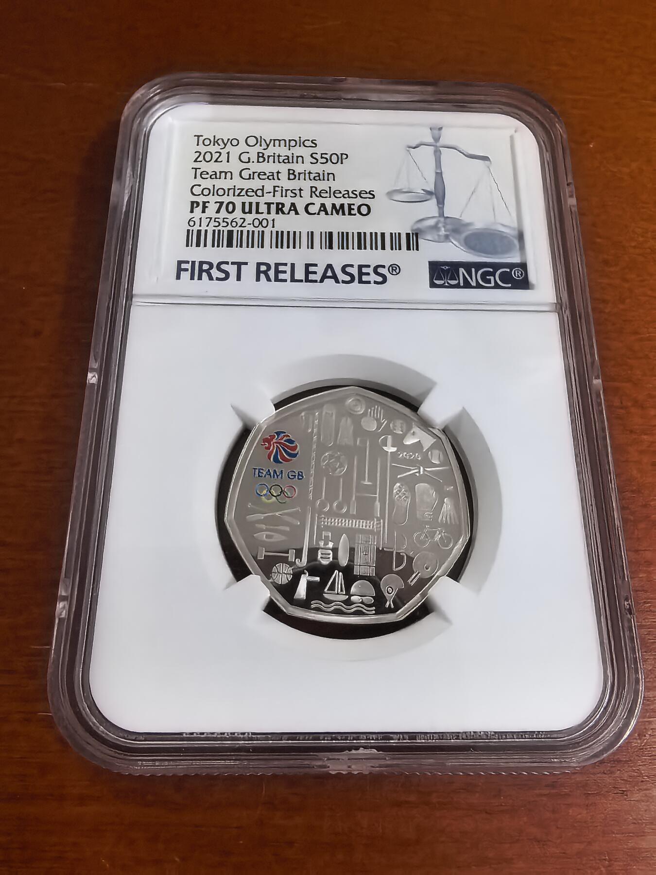 长老汇蛇年精选第一百场拍卖  2021英国东京奥运会50便士彩色精制银币，NGC PF70UC