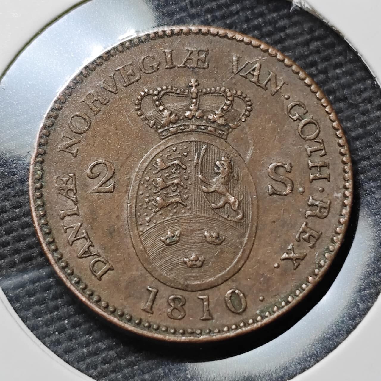 KK钱币收藏小铺  第397期 百期特怕（四拍之一） 2月预留时间 周末发货  1810年丹麦王国弗雷德里克六世2斯基林铜币 细节不错