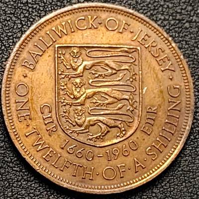 泉币菌-第191场- 迎春节专场 本场拍品多 请提前出价（本周五和之前拍的 2月14日发货） - 美品 查理诞辰300年纪念 三狮 英属泽西1960年1/12先令青铜币 30.8mm 9.5g