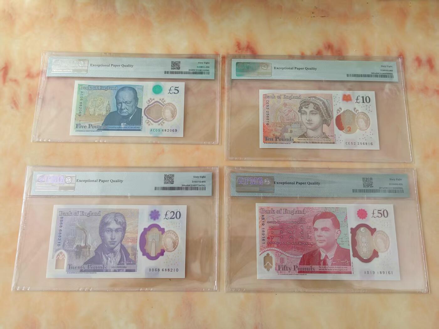 【礼羽收藏】🌏世界钱币拍卖第124期 全新PMG68 英镑 英国女王头像 5元 10元 20元 50元 一整套 均无347 50元为倒置号高分靓号 收藏一步到位