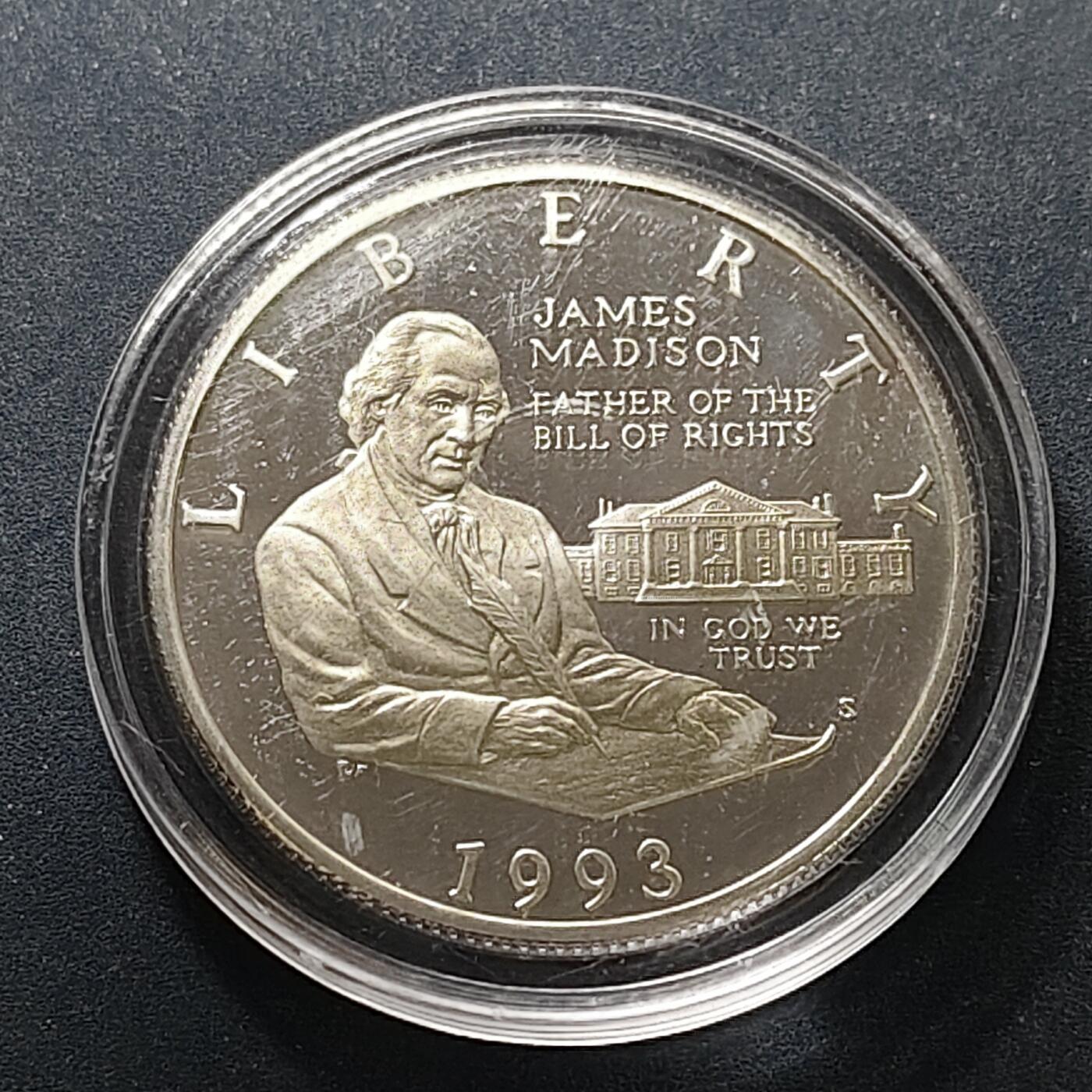 【全场包邮】纯粹捡漏拍503场 美国1993年半元麦迪逊和权利法案精制纪念银币【30.61毫米12.5克90%】