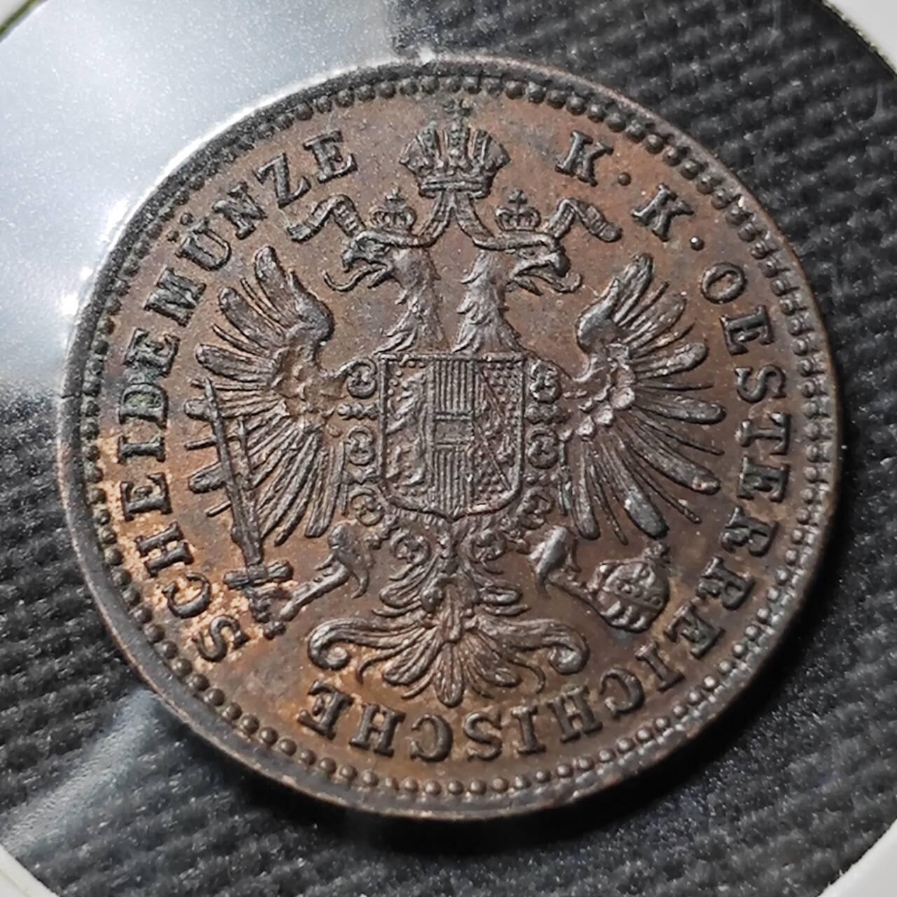 KK钱币收藏小铺  第397期 百期特怕（四拍之一） 2月预留时间 周末发货  1885年奥地利约瑟夫一世双头鹰1克鲁泽铜币 好品