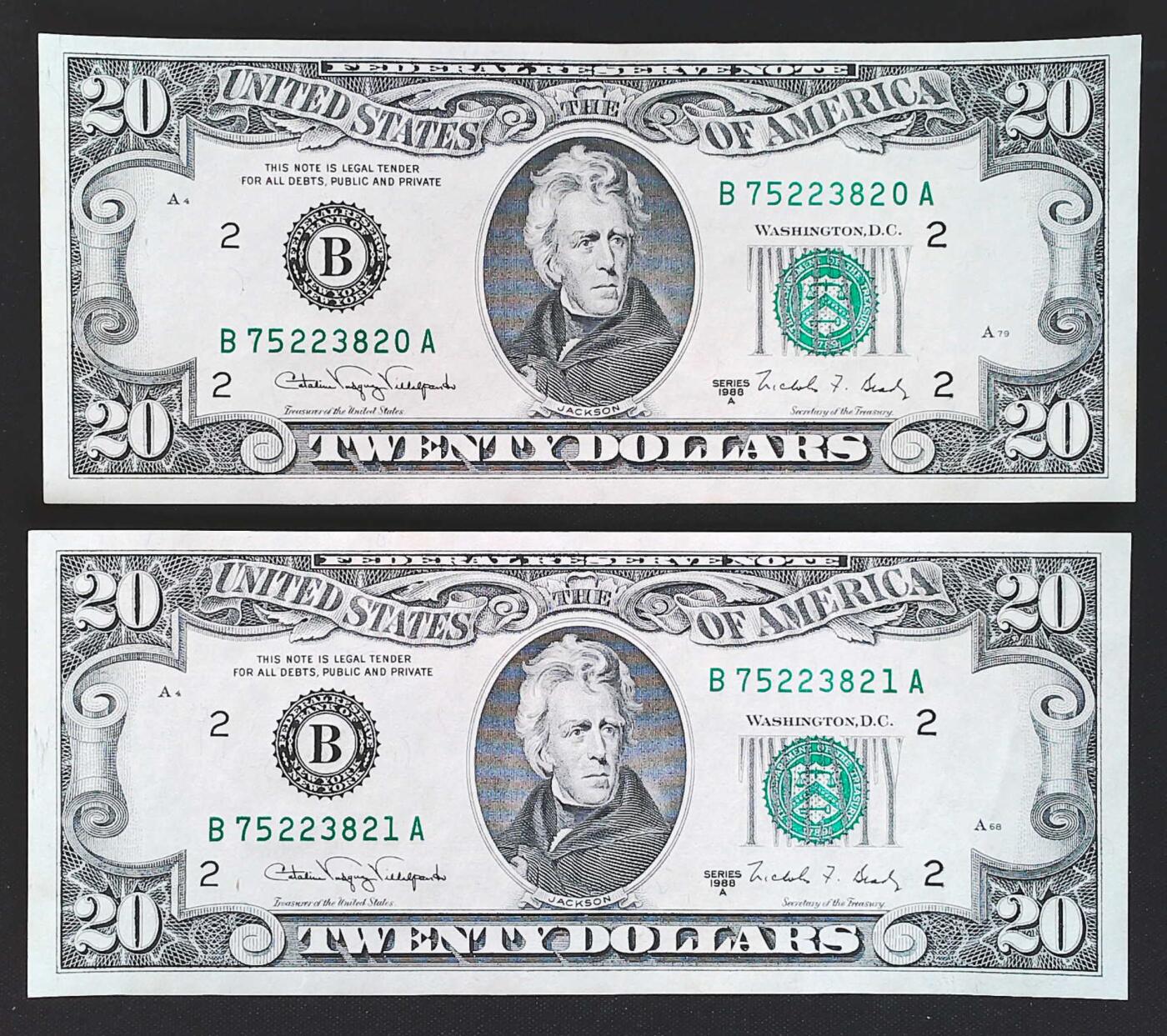 世界靓号纸钞第八十二期 1988年美国20美元 小头美元 两连号 品相如图