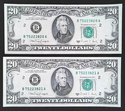 世界靓号纸钞第八十二期 - 1988年美国20美元 小头美元 两连号 品相如图