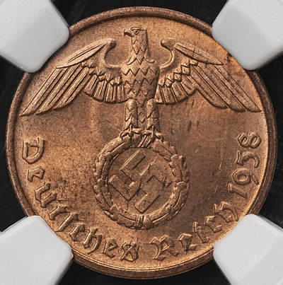 修遠堂世界钱币第105期，马年首拍 - NGC MS64RB 1939年德国2芬尼铜币 D厂铭