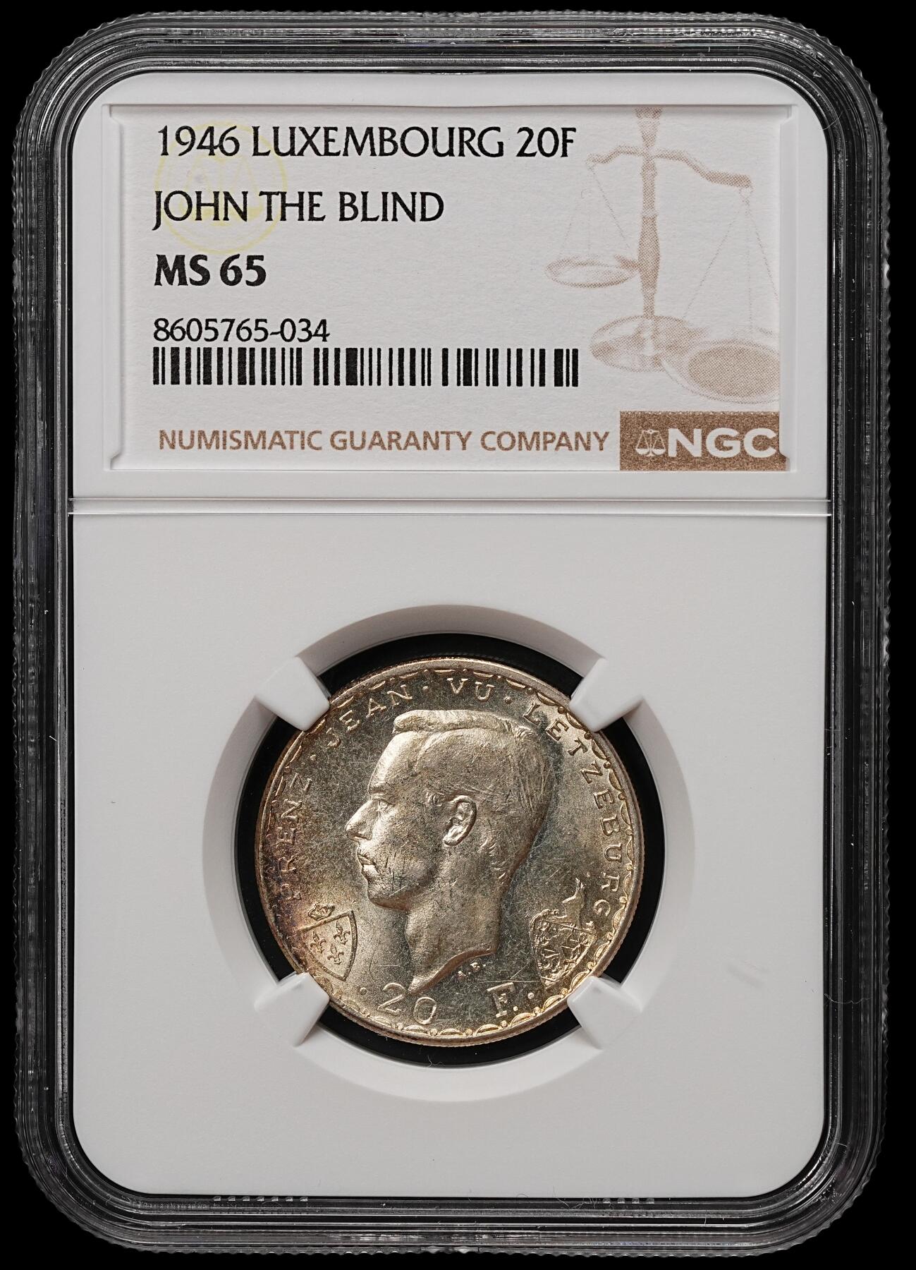 修遠堂世界钱币第105期，马年首拍 NGC MS65 1946年卢森堡伯爵瞎子约翰在克雷西战役中阵亡600周年纪念20法郎银币