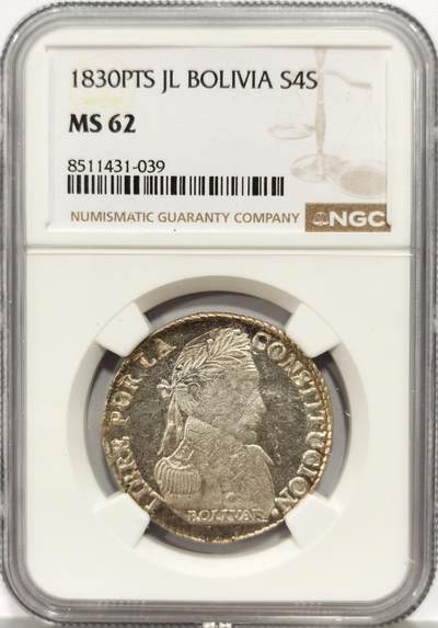 博洋堂蛇年收官专场暨第161期（全场包邮） - NGC MS62 玻利维亚1830年4索尔羊驼银币，底板状态极好，MS罕见，稀奇首拍MS62，上周五HA刚刚成交一枚同分450刀，合人民币3000多元，附成交记录