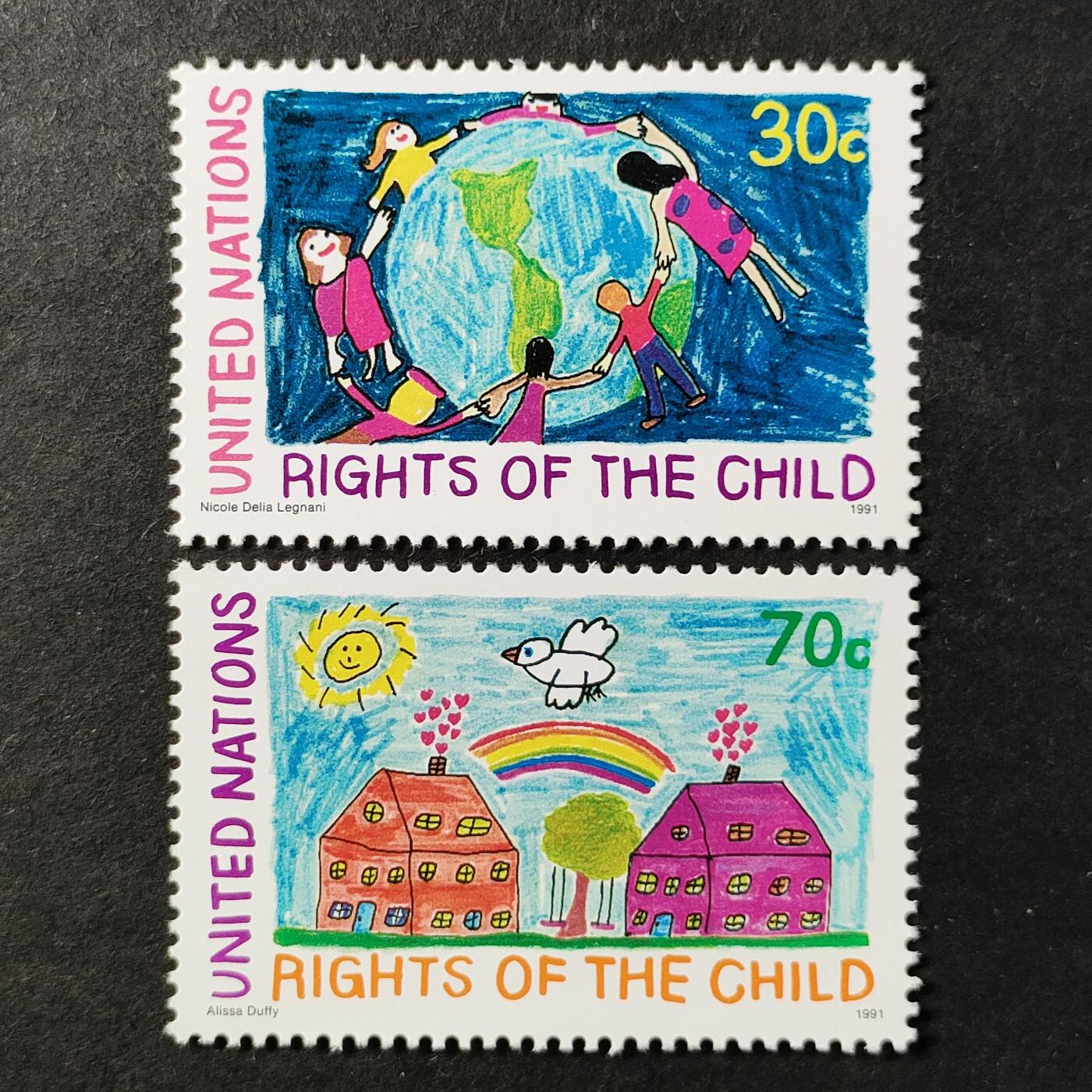 ↓君缘收藏740期☞钱币邮品↓无佣金、可寄存、满30元包邮  联合国纽约邮票，1991年联合国《儿童权利公约》绘画邮票2全