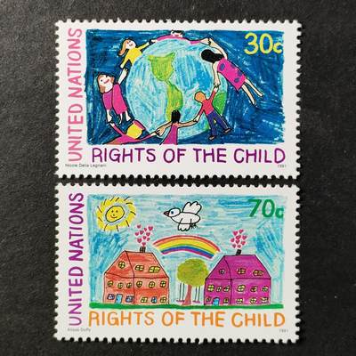 ↓君缘收藏740期☞钱币邮品↓无佣金、可寄存、满30元包邮  - 联合国纽约邮票，1991年联合国《儿童权利公约》绘画邮票2全