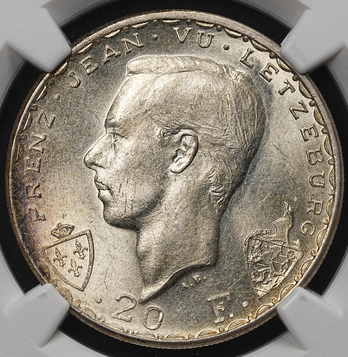 修遠堂世界钱币第105期，马年首拍 NGC MS65 1946年卢森堡伯爵瞎子约翰在克雷西战役中阵亡600周年纪念20法郎银币