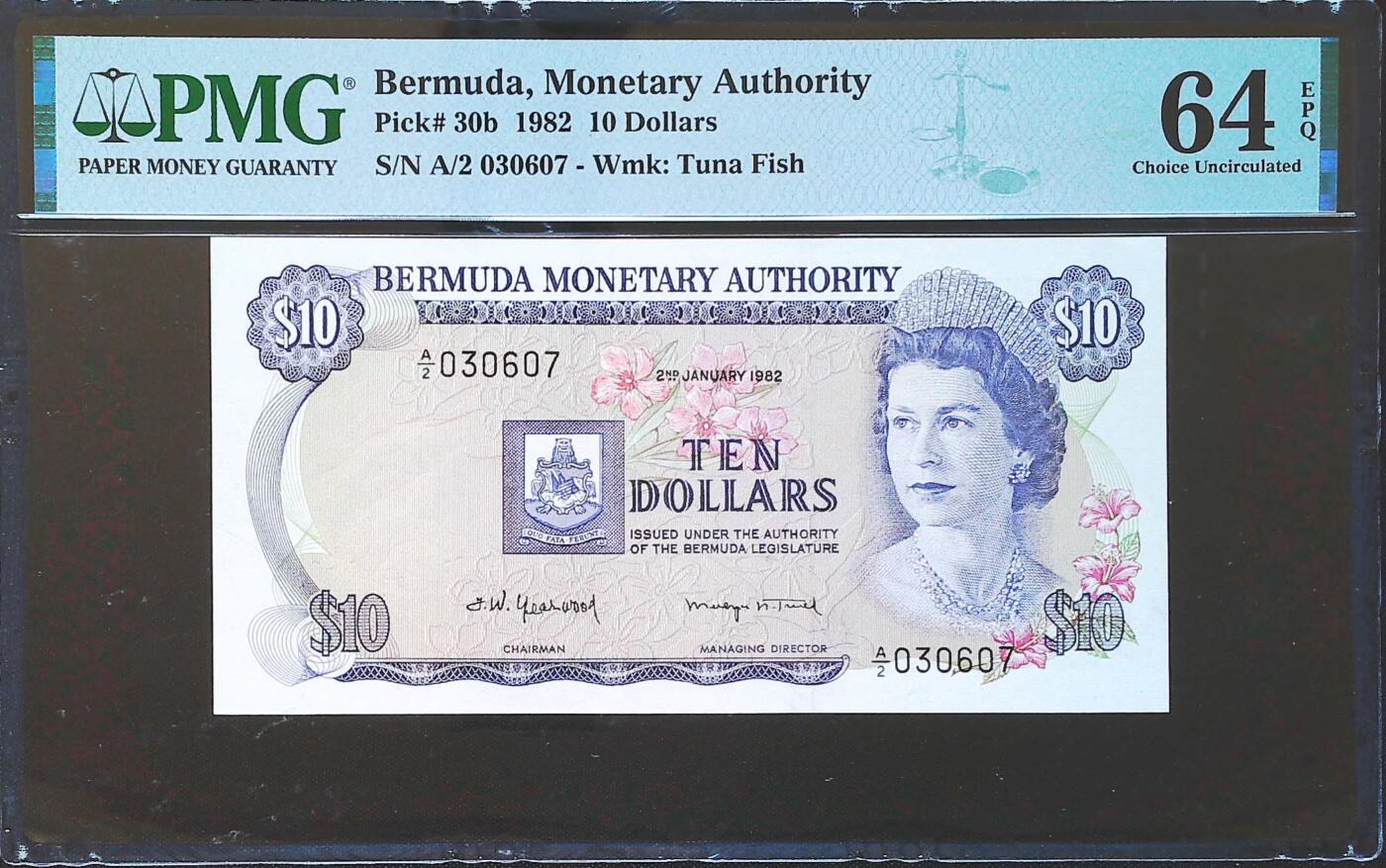 世界靓号纸钞第八十二期 1982年百慕大10元 全程无4 PMG64