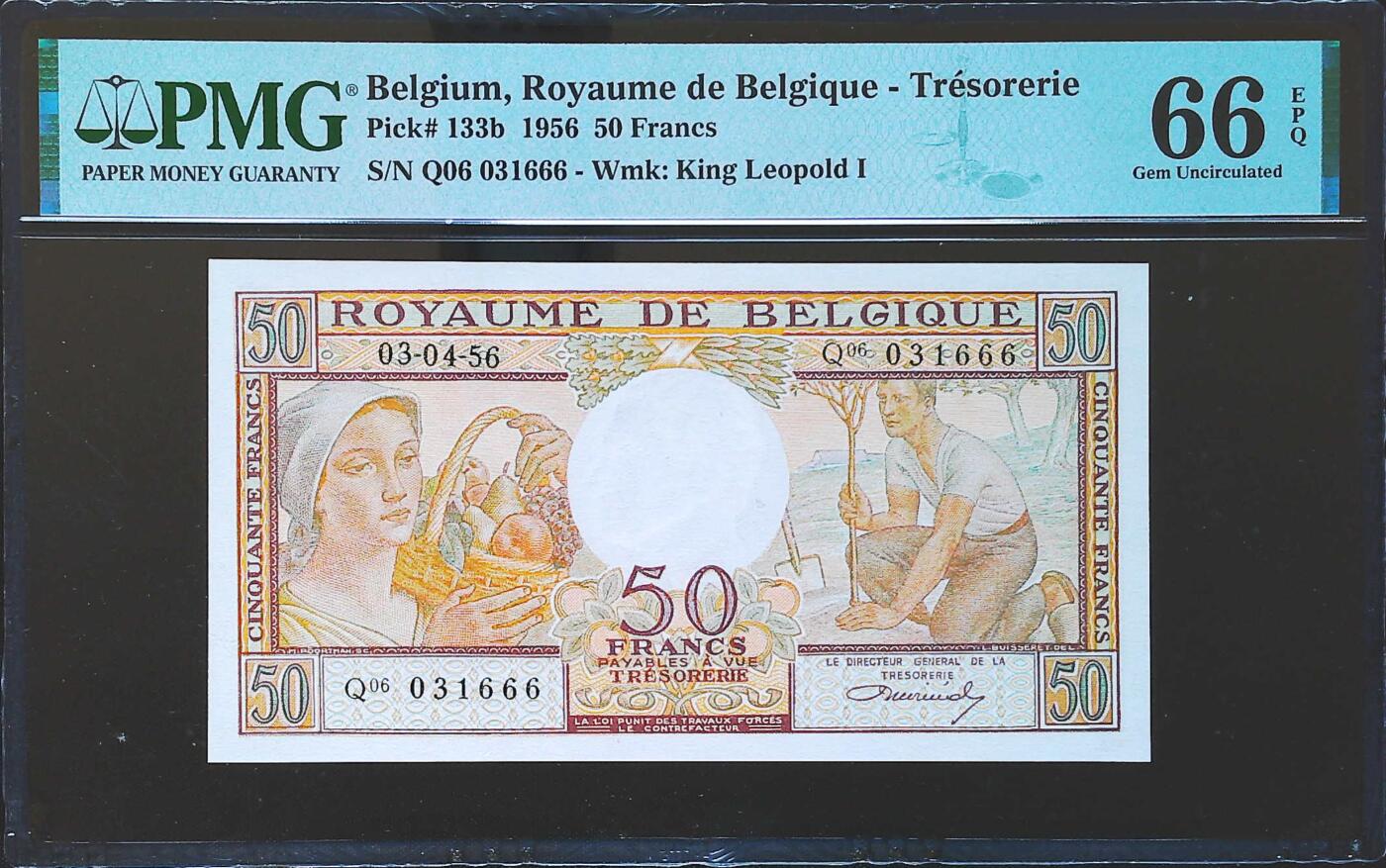 世界靓号纸钞第八十二期 1956年比利时50法郎 全程无47 豹子号666 PMG66 老版已经实属不易