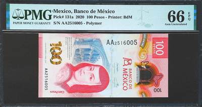 世界靓号纸钞第八十二期 - 2020年墨西哥100比索 首发AA冠 全程无347 PMG66 2020年IBNS世界最佳纸币