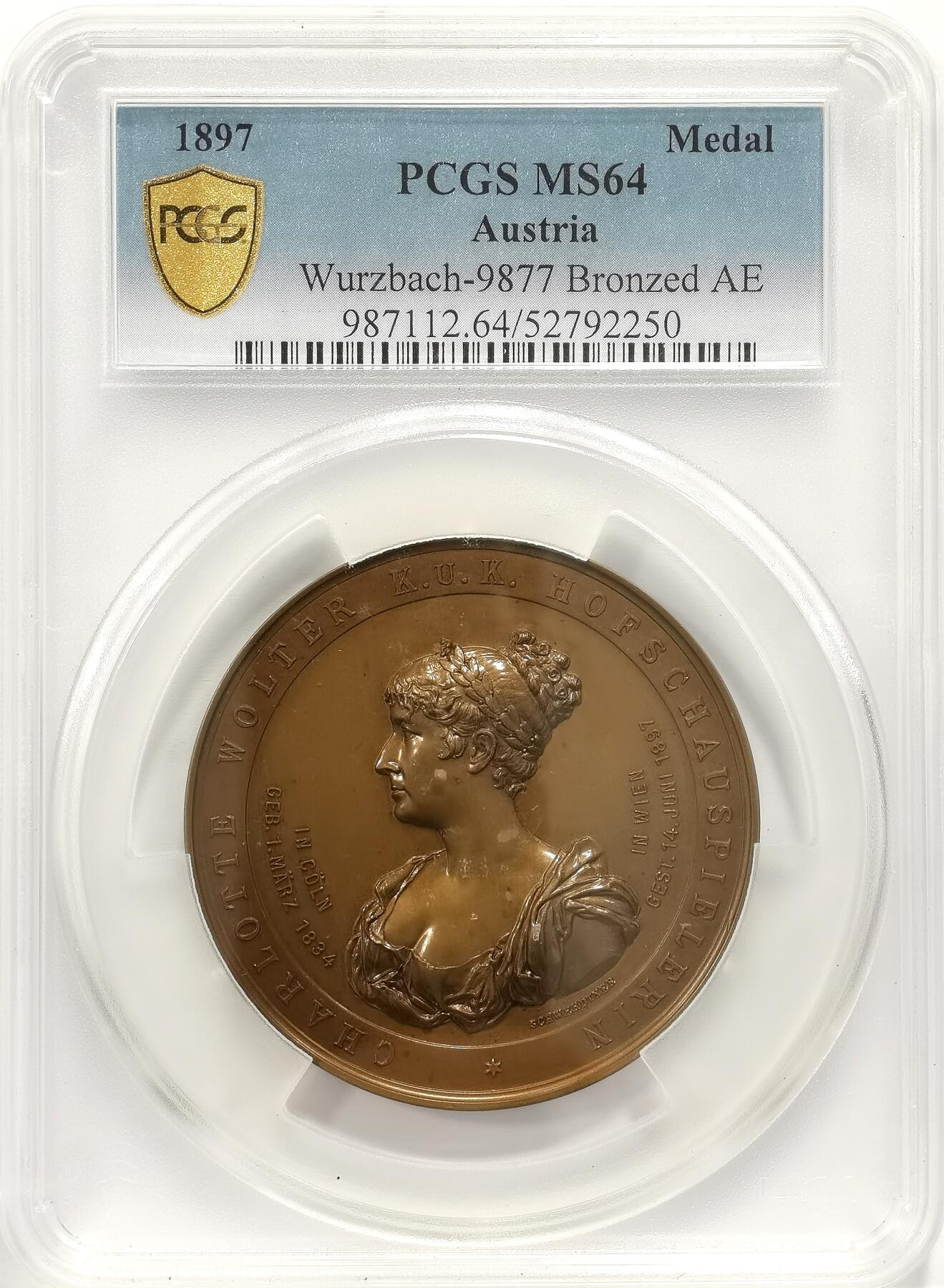 博洋堂蛇年收官专场暨第161期（全场包邮） PCGS MS64 奥地利1897年著名女演员夏洛特·沃尔特（Charlotte Wolter）纪念大铜章，唯一冠军分！
