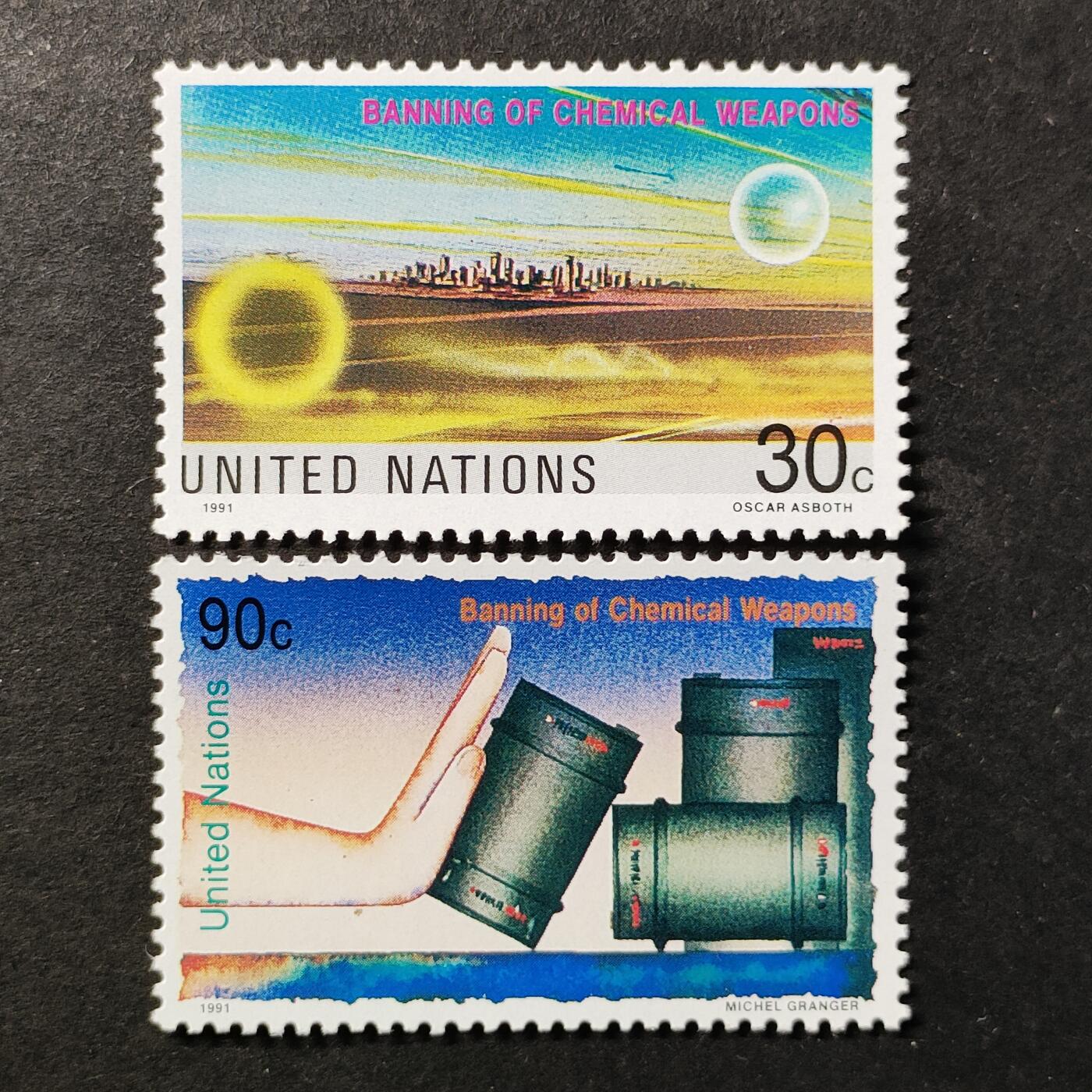 ↓君缘收藏740期☞钱币邮品↓无佣金、可寄存、满30元包邮  联合国纽约邮票，1991年禁止化学武器邮票2全