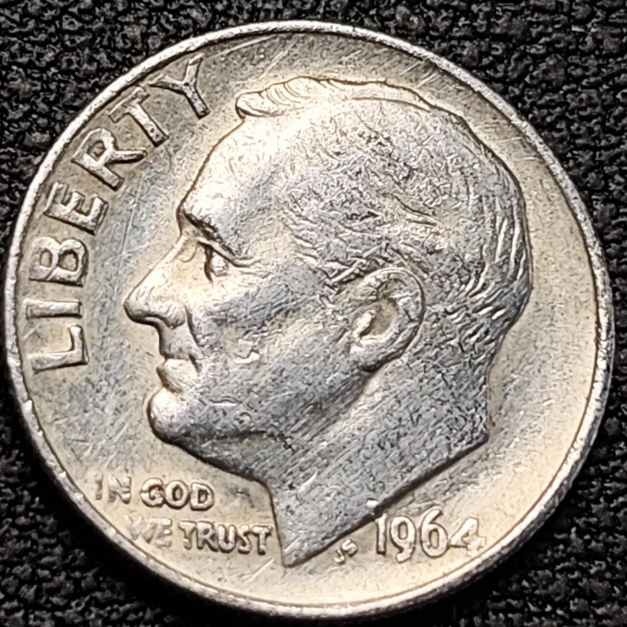 泉币菌-第191场- 迎春节专场 本场拍品多 请提前出价（本周五和之前拍的 2月14日发货） 1964年 美国 罗斯福 10美分银币 90%银 2.51g 橄榄枝