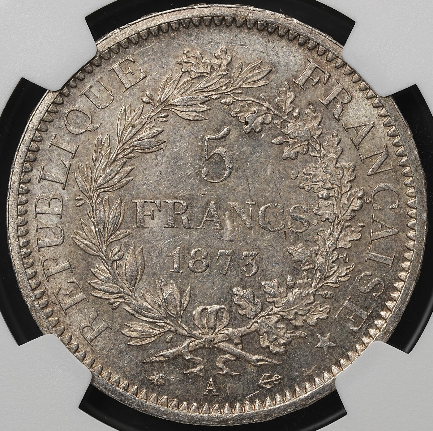 修遠堂世界钱币第105期，马年首拍 NGC MS63 1873年法国大力神5法郎大银币 A厂铭