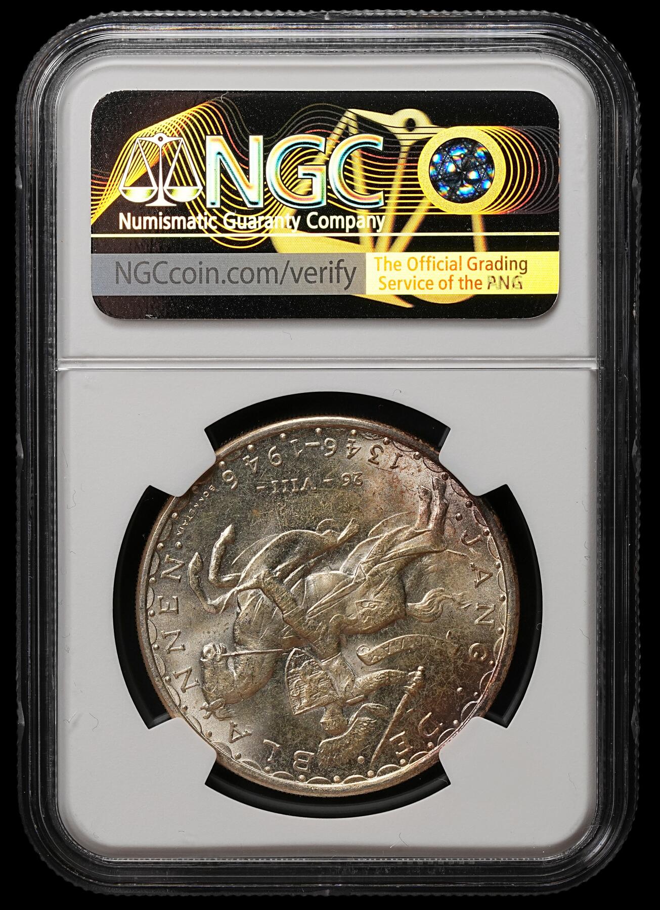 修遠堂世界钱币第105期，马年首拍 NGC MS66 1946年卢森堡伯爵瞎子约翰在克雷西战役中阵亡600周年纪念100法郎大银币