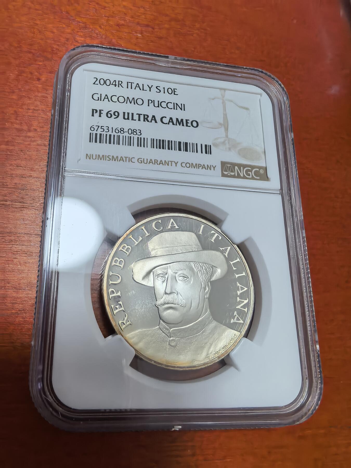 长老汇蛇年精选第一百场拍卖 获奖币！2004意大利作曲家普西尼10欧元精制银币，NGC PF69UC，冠军