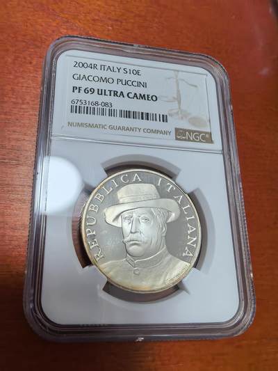 长老汇蛇年精选第一百场拍卖 - 获奖币！2004意大利作曲家普西尼10欧元精制银币，NGC PF69UC，冠军